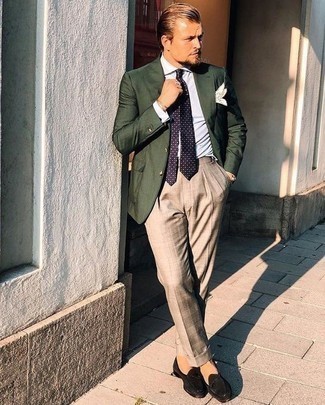 Khaki Plaid Dress Pants Outfits For Men: Channel your inner Kingsman agent and make a dark green blazer and khaki plaid dress pants your outfit choice. Complete this getup with a pair of black suede loafers and the whole getup will come together wonderfully.