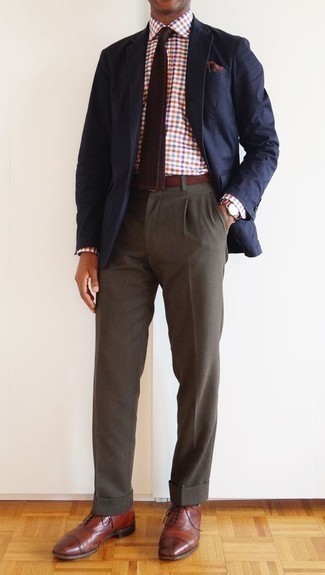 Men's Navy Blazer, Multi colored Gingham Dress Shirt, Brown Dress Pants, Brown Leather Oxford Shoes