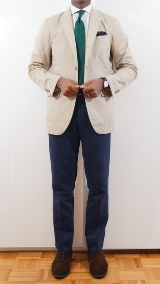 Navy and White Canvas Watch Outfits For Men: A beige blazer and a navy and white canvas watch are an easy way to introduce effortless cool into your casual routine. Introduce dark brown suede oxford shoes to the mix to completely jazz up the ensemble.