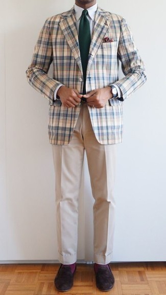 White Plaid Blazer Outfits For Men: Reach for a white plaid blazer and beige dress pants for a classic and polished silhouette. Now all you need is a great pair of dark brown suede loafers to complement this outfit.