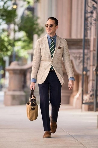 Teal Horizontal Striped Tie Outfits For Men: You can be sure you'll look incredibly sharp in a tan blazer and a teal horizontal striped tie. If in doubt about what to wear in the footwear department, throw in a pair of brown suede loafers.