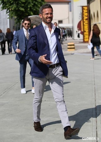 White Bracelet Outfits For Men: Want to infuse your closet with some casual city style? Wear a navy blazer and a white bracelet. Hesitant about how to complete this ensemble? Finish off with dark brown suede monks to smarten it up.