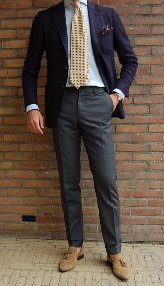 Yellow Tie Outfits For Men: We love how this combo of a navy blazer and a yellow tie instantly makes a man look polished and stylish. Add tan suede tassel loafers to the equation and you're all set looking incredible.