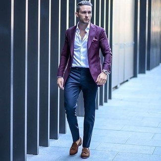 Dark Purple Blazer Outfits For Men: A dark purple blazer and navy dress pants are absolute mainstays if you're piecing together a smart wardrobe that holds to the highest menswear standards. Complement this look with brown suede tassel loafers et voila, the getup is complete.