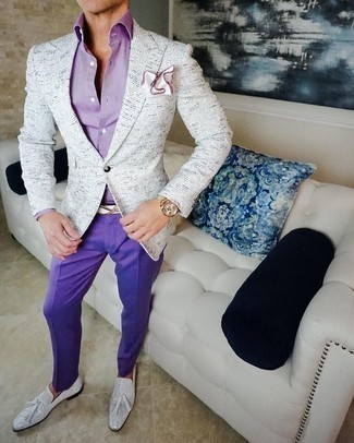 Men's White Blazer, Light Violet Dress Shirt, Violet Dress Pants, White Leather Tassel Loafers