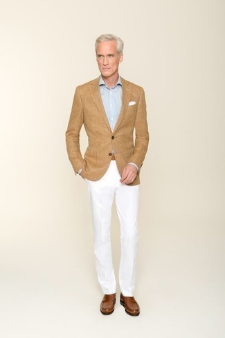 Brown Leather Loafers Outfits For Men: Marrying a tan blazer and white dress pants is a guaranteed way to inject your day-to-day lineup with some rugged sophistication. Go for brown leather loafers and the whole look will come together.