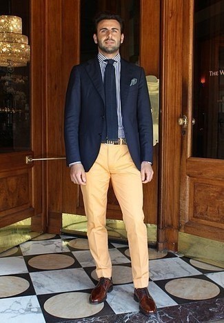 Men's Navy Blazer, White and Navy Vertical Striped Dress Shirt, Yellow Dress Pants, Brown Leather Derby Shoes