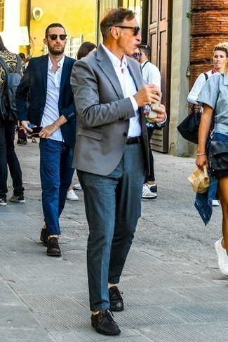 White Dress Shirt with Grey Blazer Outfits For Men: For a look that's polished and absolutely envy-worthy, opt for a grey blazer and a white dress shirt. Black woven leather derby shoes are a welcome companion for this ensemble.