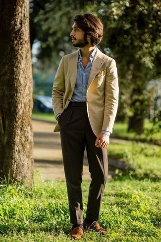 Men's Tan Blazer, White and Blue Vertical Striped Dress Shirt, Dark Brown Dress Pants, Tobacco Suede Loafers