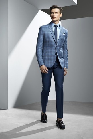Blue Plaid Blazer Outfits For Men: For an ensemble that's absolutely GQ-worthy, wear a blue plaid blazer and navy dress pants. On the footwear front, this ensemble pairs wonderfully with black leather loafers.