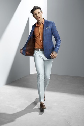 Men's Blue Plaid Blazer, Orange Dress Shirt, White Dress Pants, Brown Leather Loafers