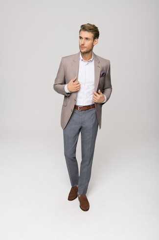 Brown Suede Loafers Outfits For Men: You're looking at the undeniable proof that a tan blazer and grey dress pants look awesome when you pair them together in a classy outfit for a modern dandy. Add a pair of brown suede loafers to the equation and the whole ensemble will come together perfectly.