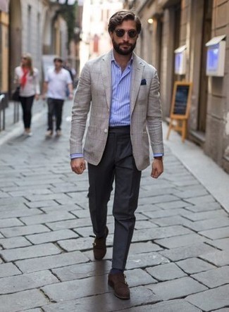 Tan Check Blazer Outfits For Men: Reach for a tan check blazer and charcoal dress pants for a proper polished look. For maximum impact, complement your ensemble with a pair of dark brown suede double monks.