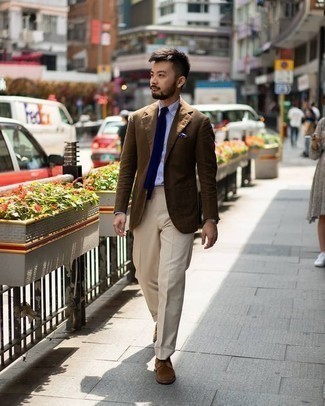 Men's Brown Blazer, White and Blue Gingham Dress Shirt, Beige Dress Pants, Brown Suede Derby Shoes