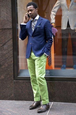 Green Dress Pants Outfits For Men: When it comes to high-octane elegance, this combo of a blue blazer and green dress pants doesn't disappoint. For something more on the cool and laid-back side to complement this look, complete your outfit with a pair of brown leather brogues.
