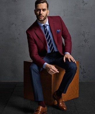 Navy and Green Horizontal Striped Tie Outfits For Men: Go for a burgundy blazer and a navy and green horizontal striped tie to have all eyes on you. Complement your getup with brown leather double monks and the whole outfit will come together.