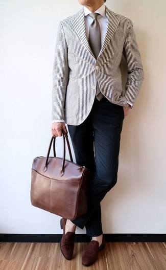 Men's White and Black Vertical Striped Blazer, White Dress Shirt, Navy Dress Pants, Brown Suede Loafers