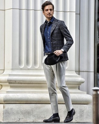 Black Bandana Outfits For Men: Wear a charcoal plaid blazer and a black bandana if you're looking for a look idea that speaks urban style. Go ahead and add black leather loafers to this outfit for a dash of polish.