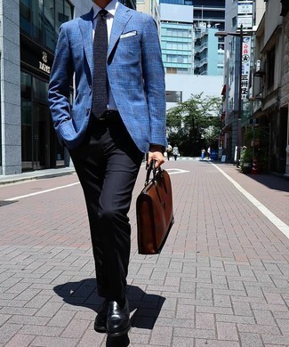Briefcase Outfits: A blue plaid blazer and a briefcase are a savvy pairing to have in your menswear collection. Give a different twist to an otherwise mostly dressed-down ensemble by finishing with black leather loafers.