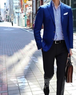Briefcase Outfits: For a cool and casual outfit, try teaming a blue blazer with a briefcase — these items fit really well together. Rounding off with a pair of black suede monks is a surefire way to give an added touch of polish to your outfit.