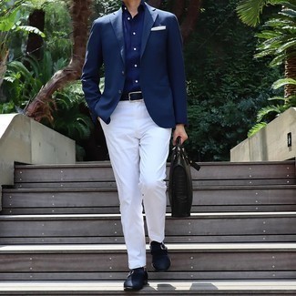 Navy Suede Monks Outfits: A navy blazer and white dress pants are absolute essentials if you're putting together a smart wardrobe that matches up to the highest men's style standards. Complement this outfit with a pair of navy suede monks and ta-da: the getup is complete.
