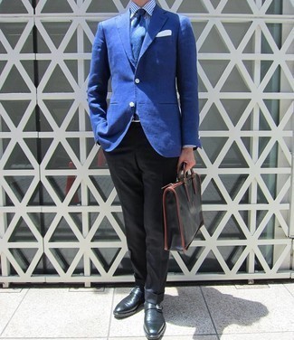 Briefcase Outfits: Go for a straightforward yet casually stylish choice by teaming a blue blazer and a briefcase. If you want to break out of the mold a little, add black leather monks to this outfit.