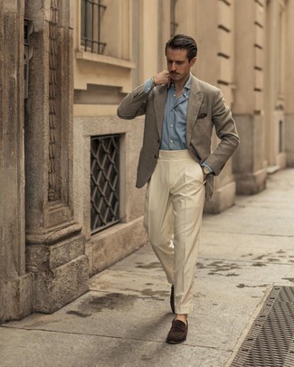 Grey Check Blazer Outfits For Men: We love how this combo of a grey check blazer and beige dress pants immediately makes any man look sophisticated and stylish. A nice pair of dark brown suede loafers pulls this ensemble together.