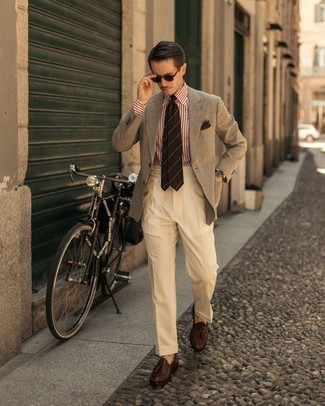 Men's Tan Check Blazer, White and Red Vertical Striped Dress Shirt, Beige Dress Pants, Dark Brown Leather Tassel Loafers