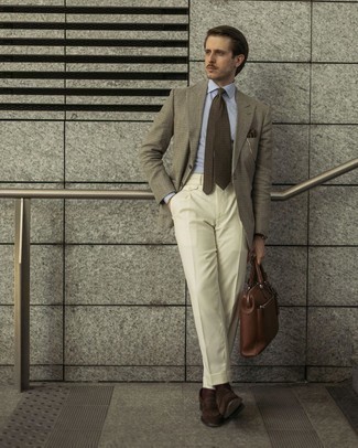 Brown Check Tie Outfits For Men: For a look that's classy and wow-worthy, team a grey check blazer with a brown check tie. If in doubt about the footwear, go with a pair of dark brown suede loafers.