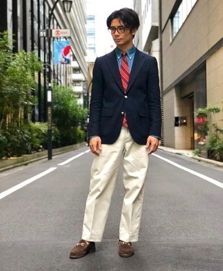 Navy Blazer Dressy Outfits For Men: This pairing of a navy blazer and white dress pants is a fail-safe option when you need to look like a modern gentleman. Introduce brown suede loafers to the equation et voila, the ensemble is complete.