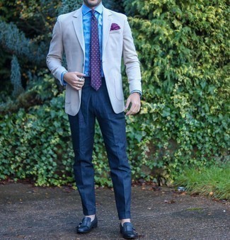 Purple Polka Dot Tie Outfits For Men: You're looking at the undeniable proof that a beige blazer and a purple polka dot tie are awesome when paired together in a polished getup for today's gent. For maximum fashion points, complement this look with navy leather double monks.