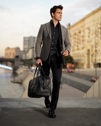 Black Scarf Outfits For Men: This urban combo of a grey wool blazer and a black scarf is very easy to put together in seconds time, helping you look awesome and ready for anything without spending too much time combing through your closet. Showcase your polished side by finishing with a pair of black leather derby shoes.