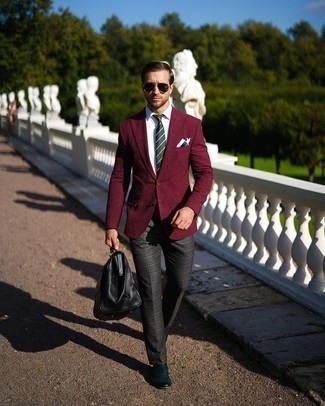 Red Check Blazer Outfits For Men: This polished combination of a red check blazer and charcoal plaid dress pants will be irrefutable proof of your outfit coordination skills. Complement this look with dark green leather loafers and the whole ensemble will come together really well.