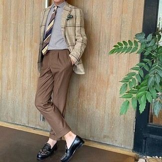 Men's Beige Plaid Blazer, White and Navy Vertical Striped Dress Shirt, Brown Dress Pants, Black Leather Loafers