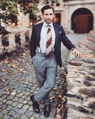 White Horizontal Striped Tie Outfits For Men: Solid proof that a navy plaid blazer and a white horizontal striped tie are amazing when combined together in a classy ensemble for today's man. Burgundy leather oxford shoes are a fail-safe way to bring an element of sophistication to this outfit.