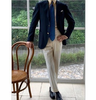 Navy Blazer Dressy Outfits For Men: This is hard proof that a navy blazer and white dress pants are awesome when married together in a sophisticated ensemble for a modern gent. Complement this getup with a pair of black leather oxford shoes and the whole outfit will come together really well.