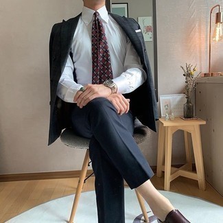 Dark Brown Leather Double Monks Dressy Outfits: Try pairing a navy plaid blazer with navy dress pants for a proper refined outfit. Dark brown leather double monks tie the getup together.