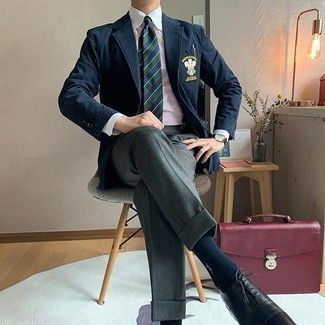 Navy Embroidered Blazer Outfits For Men: You'll be surprised at how easy it is to throw together this polished outfit. Just a navy embroidered blazer and charcoal dress pants. Finishing off with a pair of black leather oxford shoes is a guaranteed way to bring a little fanciness to your outfit.