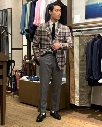Tan Plaid Blazer Outfits For Men: You're looking at the indisputable proof that a tan plaid blazer and charcoal dress pants look awesome when worn together in a polished outfit for a modern dandy. Black leather loafers are a good idea to complete this outfit.