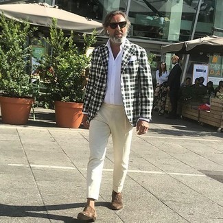 White Plaid Blazer Outfits For Men: Try teaming a white plaid blazer with beige dress pants if you're aiming for a clean, stylish look. If you wish to effortlessly kick up your look with one piece, introduce brown suede oxford shoes to the equation.