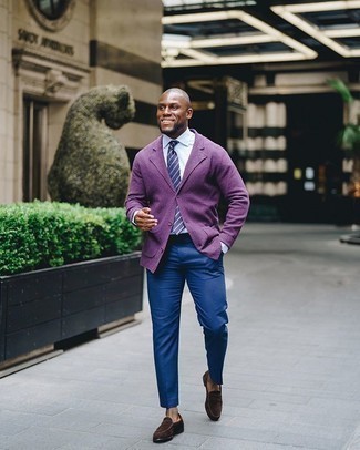 Dark Purple Blazer Outfits For Men: Pair a dark purple blazer with blue dress pants for a proper classy look. A pair of dark brown suede loafers looks great finishing off this getup.