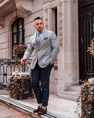 Navy and White Print Tie Outfits For Men: You're looking at the hard proof that a grey blazer and a navy and white print tie look amazing when married together in a sophisticated ensemble for a modern gentleman. Dark brown suede loafers are a surefire footwear style here that's also full of personality.