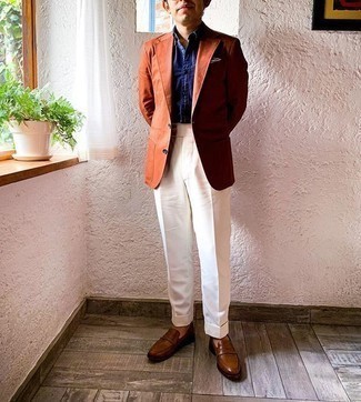 Tobacco Blazer Outfits For Men: This sophisticated pairing of a tobacco blazer and white dress pants will be a good exhibition of your sartorial savvy. Let your sartorial prowess truly shine by completing your outfit with brown leather loafers.