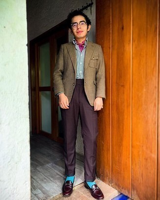 Beige Check Blazer Outfits For Men: This combination of a beige check blazer and dark brown dress pants can only be described as ridiculously sharp and classy. Let your styling expertise really shine by finishing your ensemble with burgundy leather loafers.