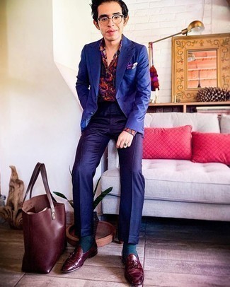Violet Polka Dot Pocket Square Outfits: We're all seeking functionality when it comes to styling, and this edgy pairing of a blue blazer and a violet polka dot pocket square is a practical illustration of that. Introduce burgundy leather tassel loafers to your getup for an element of polish.