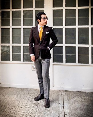 Dark Brown Blazer with Loafers Outfits For Men: This pairing of a dark brown blazer and grey dress pants speaks polish and refinement. Loafers tie the getup together.