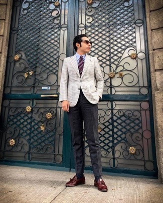 Beige Plaid Blazer Outfits For Men: For a look that's nothing less than envy-worthy, rock a beige plaid blazer with charcoal wool dress pants. Add burgundy leather tassel loafers to the equation and you're all done and looking spectacular.