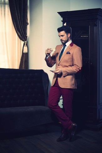 Red Dress Pants Outfits For Men: This pairing of an orange blazer and red dress pants is a never-failing option when you need to look elegant and incredibly sharp. If you're puzzled as to how to finish off, introduce black leather oxford shoes to the mix.