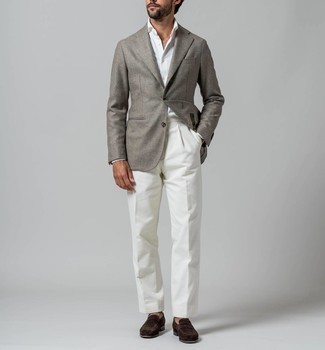 White Dress Pants Outfits For Men: A grey blazer and white dress pants are among the unshakeable foundations of any versatile closet. Let your outfit coordination skills really shine by completing this ensemble with dark brown suede loafers.