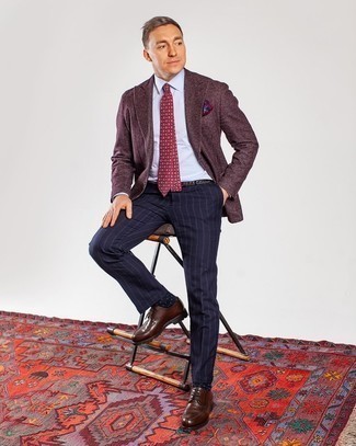 Burgundy Wool Blazer Outfits For Men: Teaming a burgundy wool blazer and navy vertical striped dress pants is a surefire way to breathe rugged sophistication into your styling routine. Opt for brown leather derby shoes et voila, this outfit is complete.